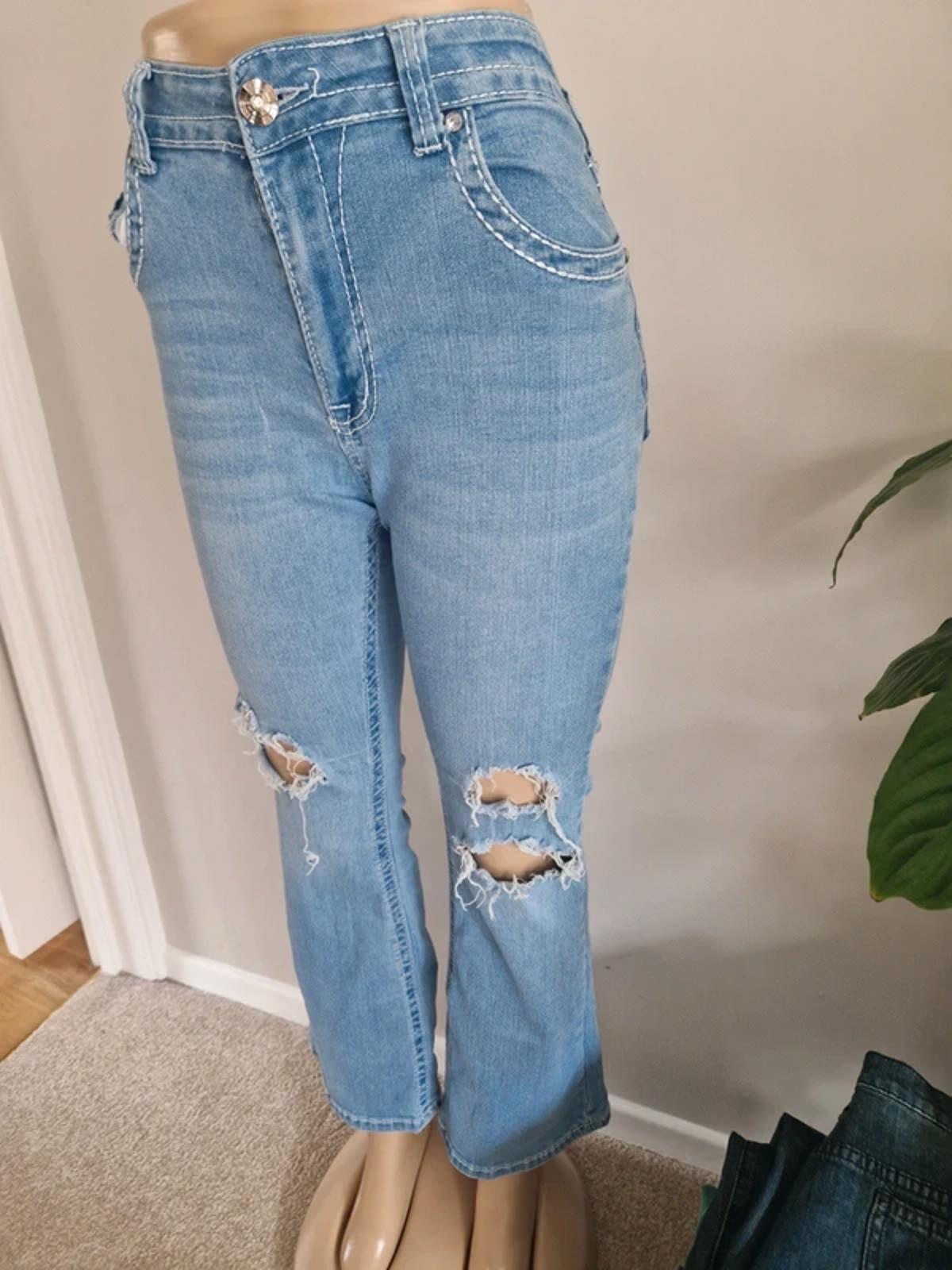 Y2K "Y Jeans" High Rise Flared Bootcut Distressed Festival Grunge Denim UK 12 Petite
