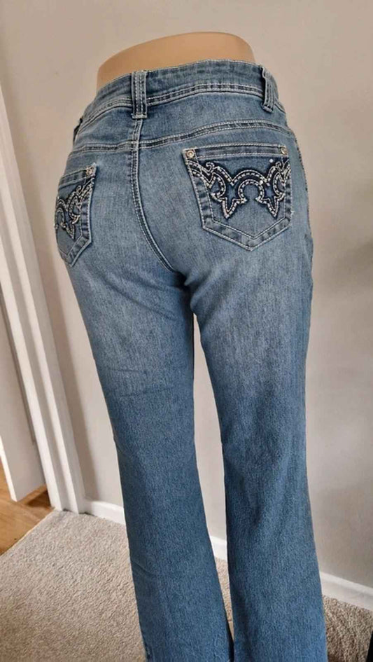 Y2K "Cg Cg" Low Rise Bootcut Petite Festival Grunge Embroidered Denim Jeans UK 10