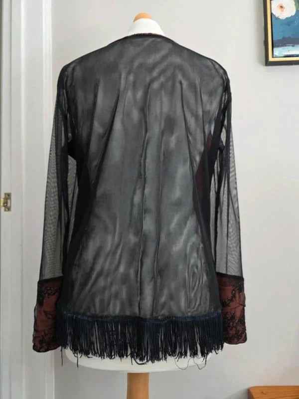 Vintage Y2K Sheer Mesh Embellished Fringe Top UK Size 14/16