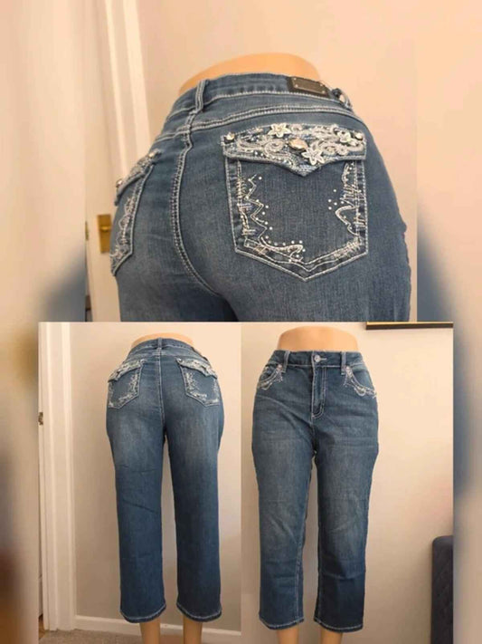 Earl Mid Rise Capri Vintage Y2K Bling Jeans UK Size 14