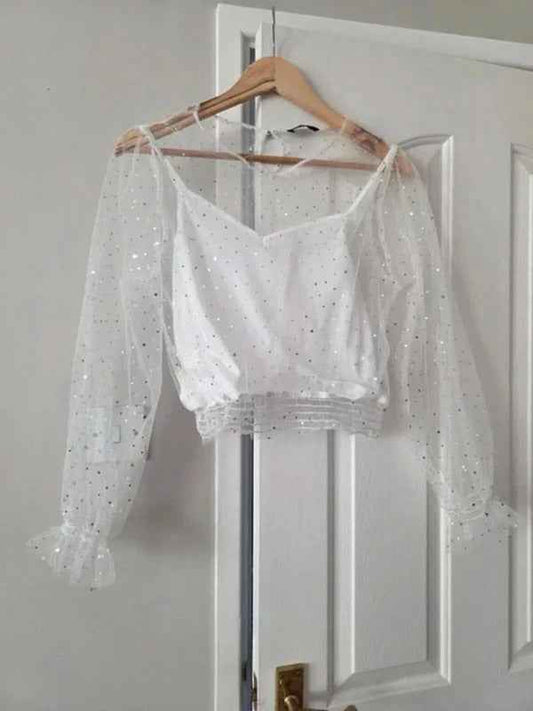 Vintage Y2K Tally Weijl Sheer Sequin Mesh Crop Top UK Size M