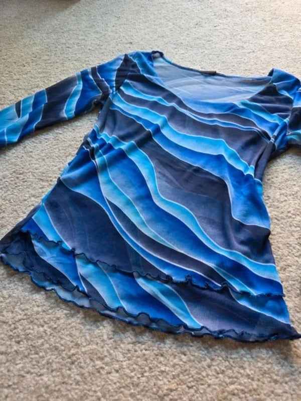 Vintage Y2K Blue Sheer Mesh Flare Sleeve Top UK Size 6/8