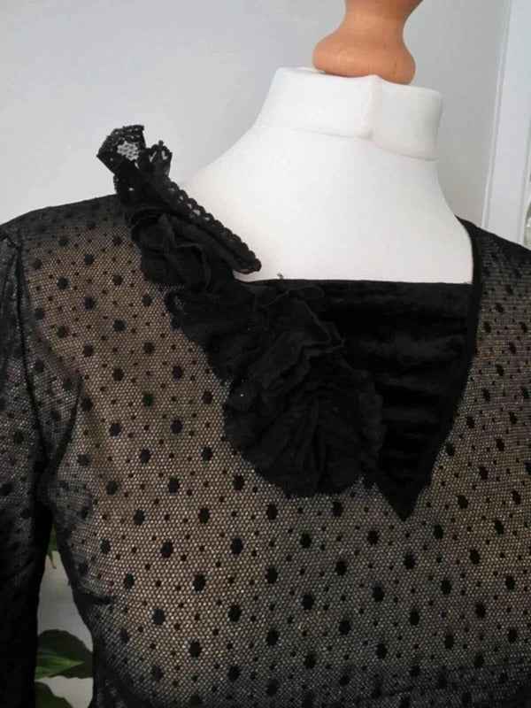 Vintage Y2K Collection Black Sheer Polka Dot Mesh Top UK Size 8