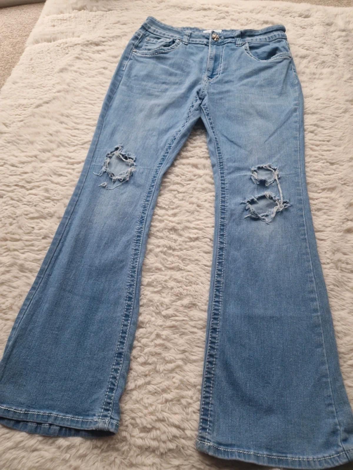 Y2K "Y Jeans" High Rise Flared Bootcut Distressed Festival Grunge Denim UK 12 Petite