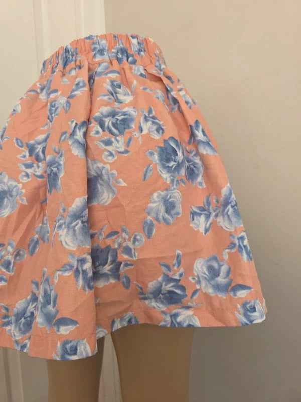 Japanese Floral Pleated Mini Skirt Pink Blue Roses UK Size 4/6