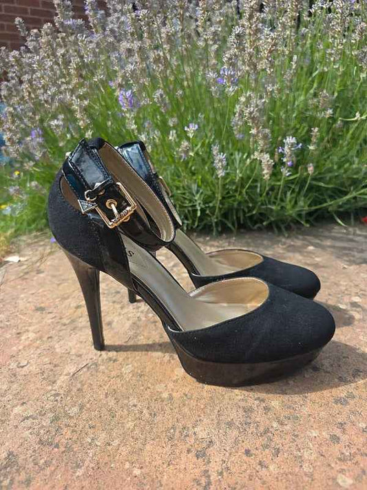 Vintage Y2K Guess Black Ankle Strap Platform Heels 4,5" UK Size 8