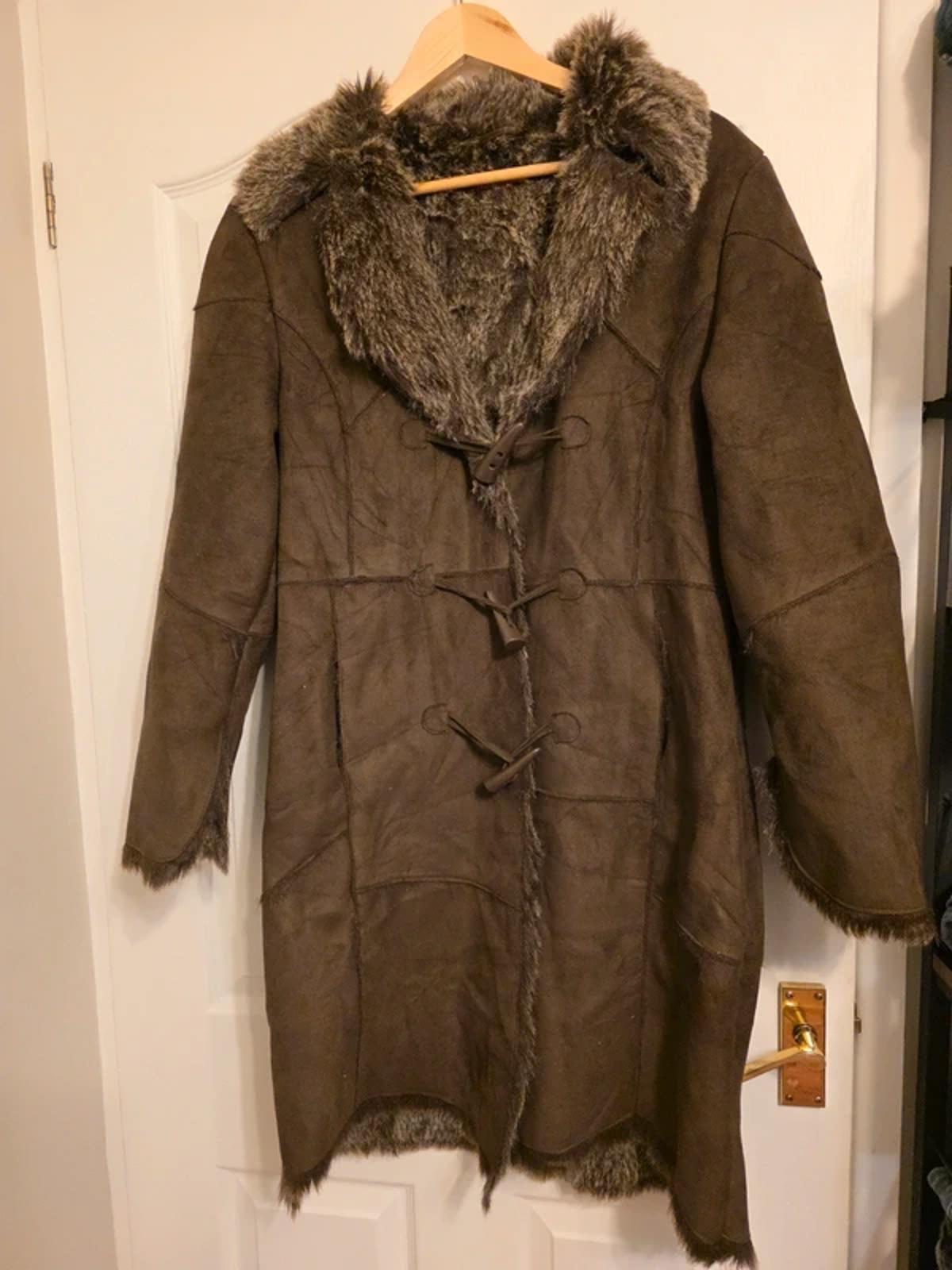 Y2K Brown Faux Wit & Wisdom Shearling Penny Lane Coat With Fur Trim UK Size 14