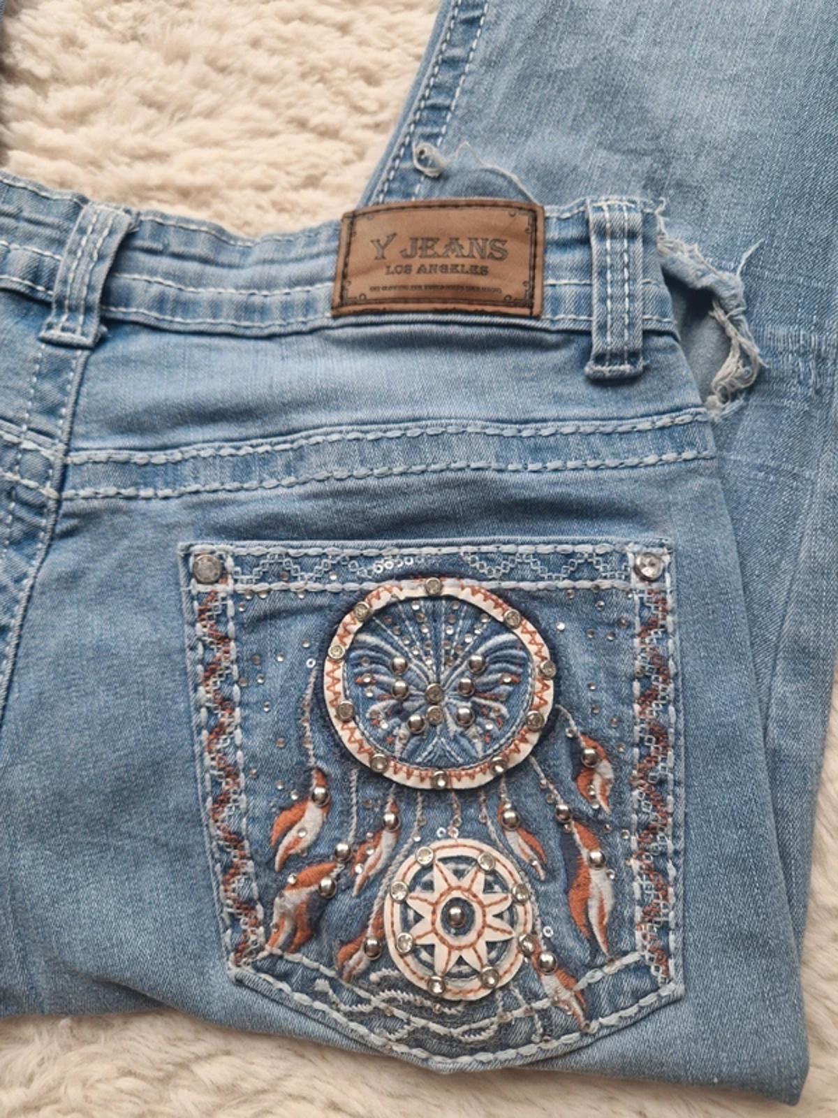 Y2K "Y Jeans" High Rise Flared Bootcut Distressed Festival Grunge Denim UK 12 Petite