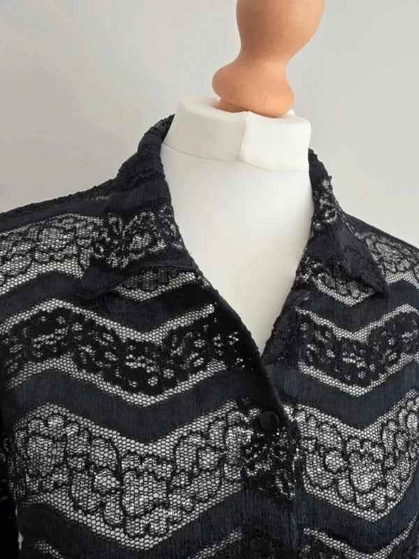 Vintage Y2K Sheer Sparkly Black Lace Blouse Les Tulipes UK Size 10/12