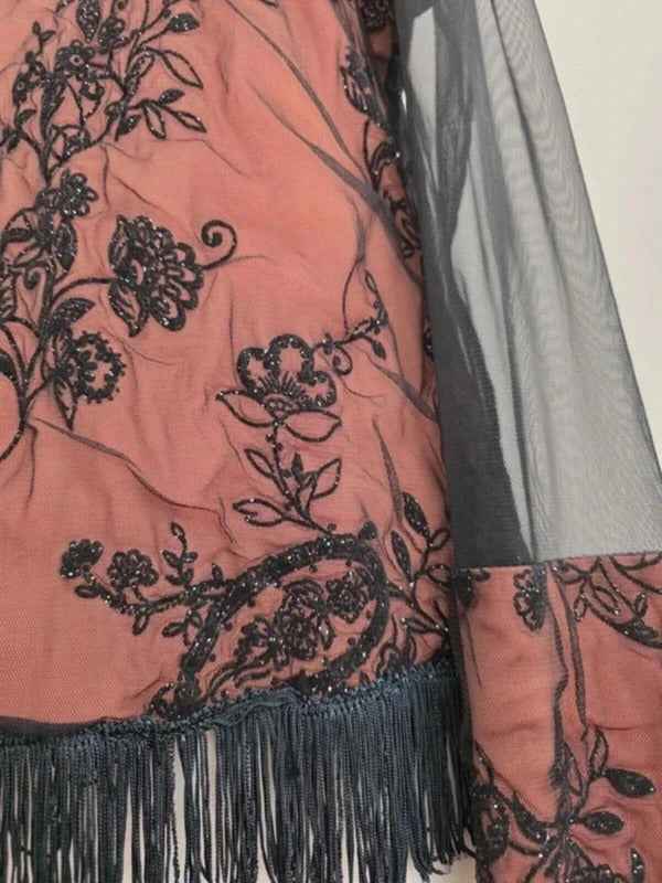 Vintage Y2K Sheer Mesh Embellished Fringe Top UK Size 14/16