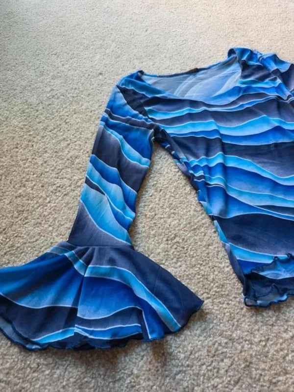 Vintage Y2K Blue Sheer Mesh Flare Sleeve Top UK Size 6/8