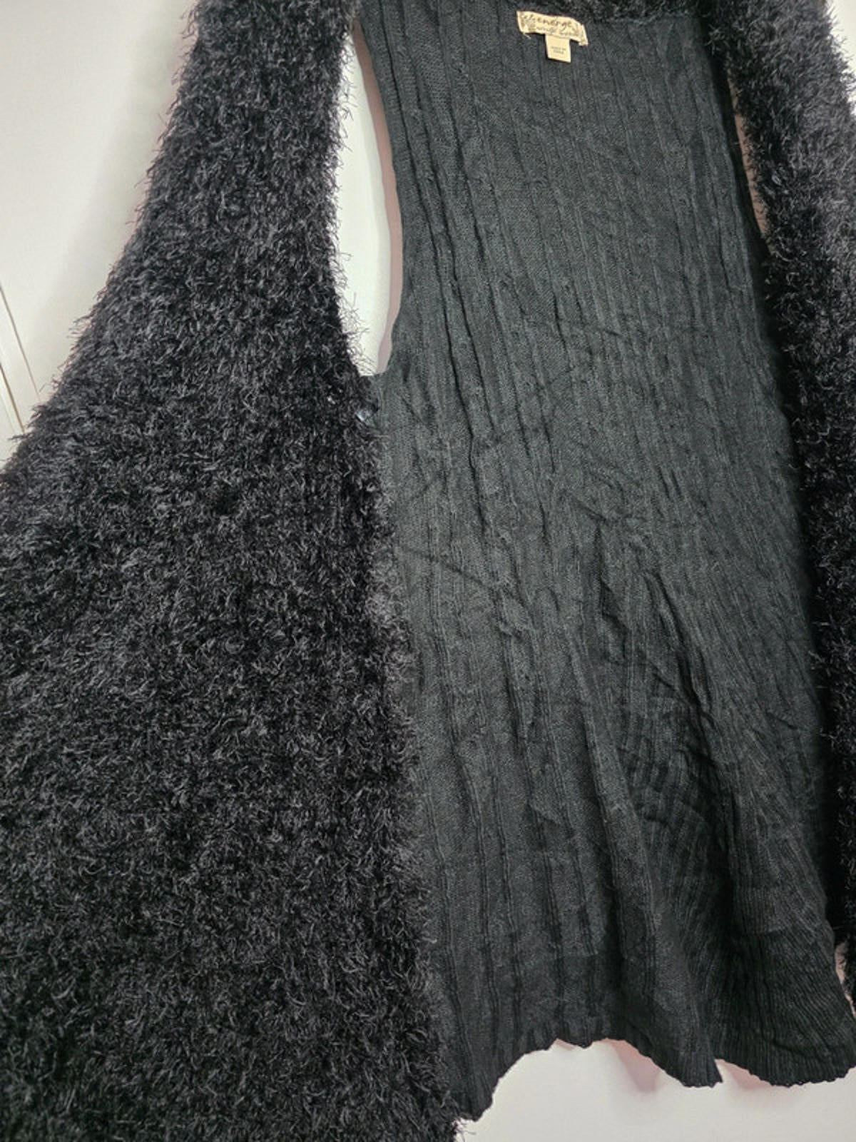 Vintage Y2K Energe Black Fuzzy Open Front Longline Cardigan UK size 12/14