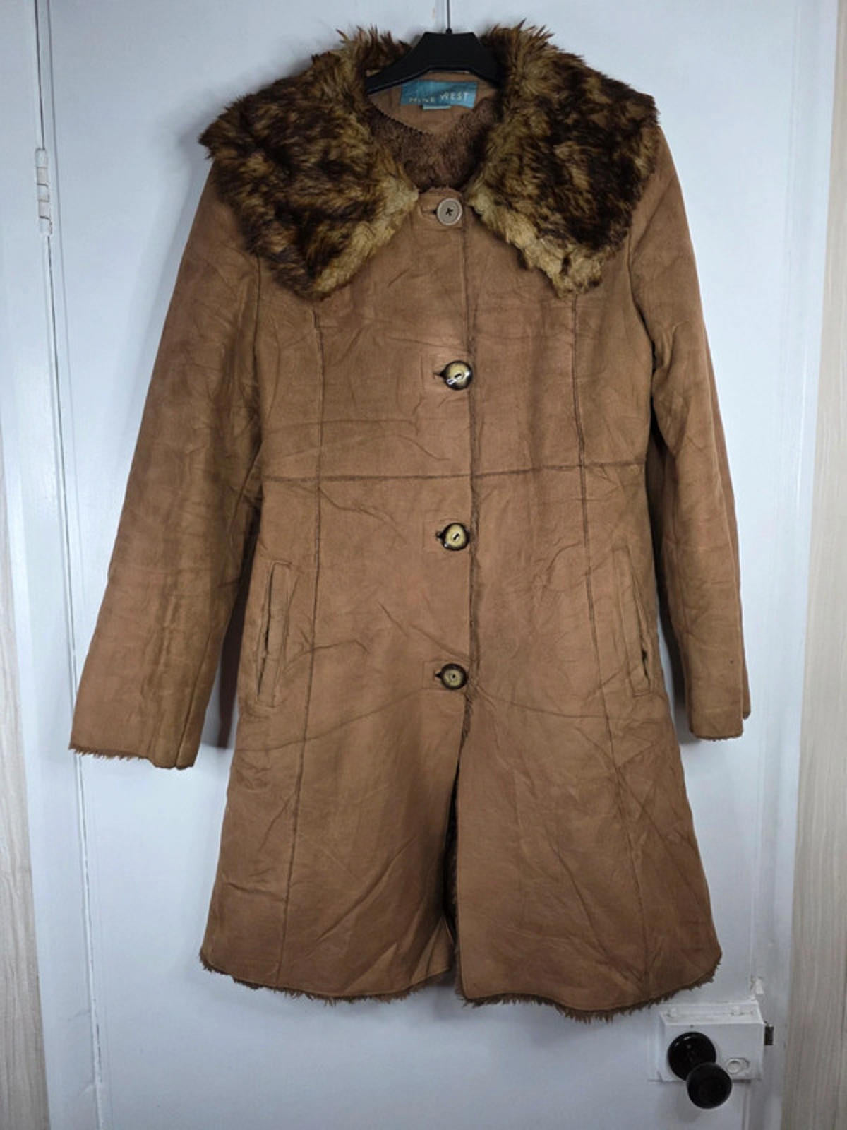Vintage Y2K Nine West Faux Suede Longline Coat with Faux Fur Collar UK size 10