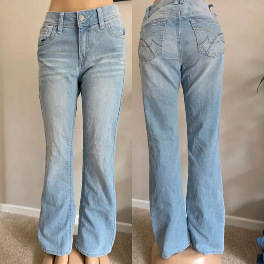 Vintage Y2K Light Wash Mid Rise Bootcut Jeans Soft Blue Denim UK 12