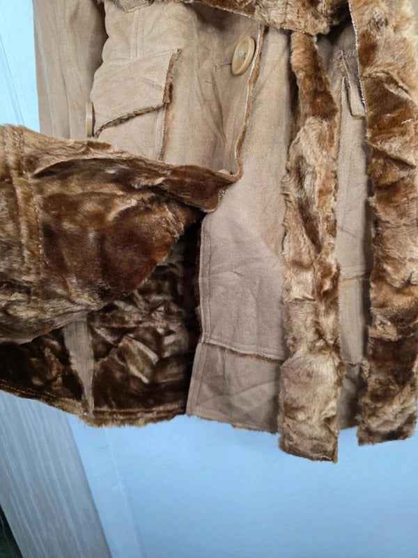 Vintage Y2K Seduction Faux Suede Belted Coat with Faux Fur Collar UK size 8