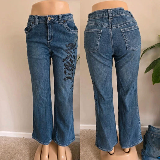 Vintage Y2K A.N.A Mid Rise Bootcut Jeans Black Floral Embroidered Gem Detail UK 10