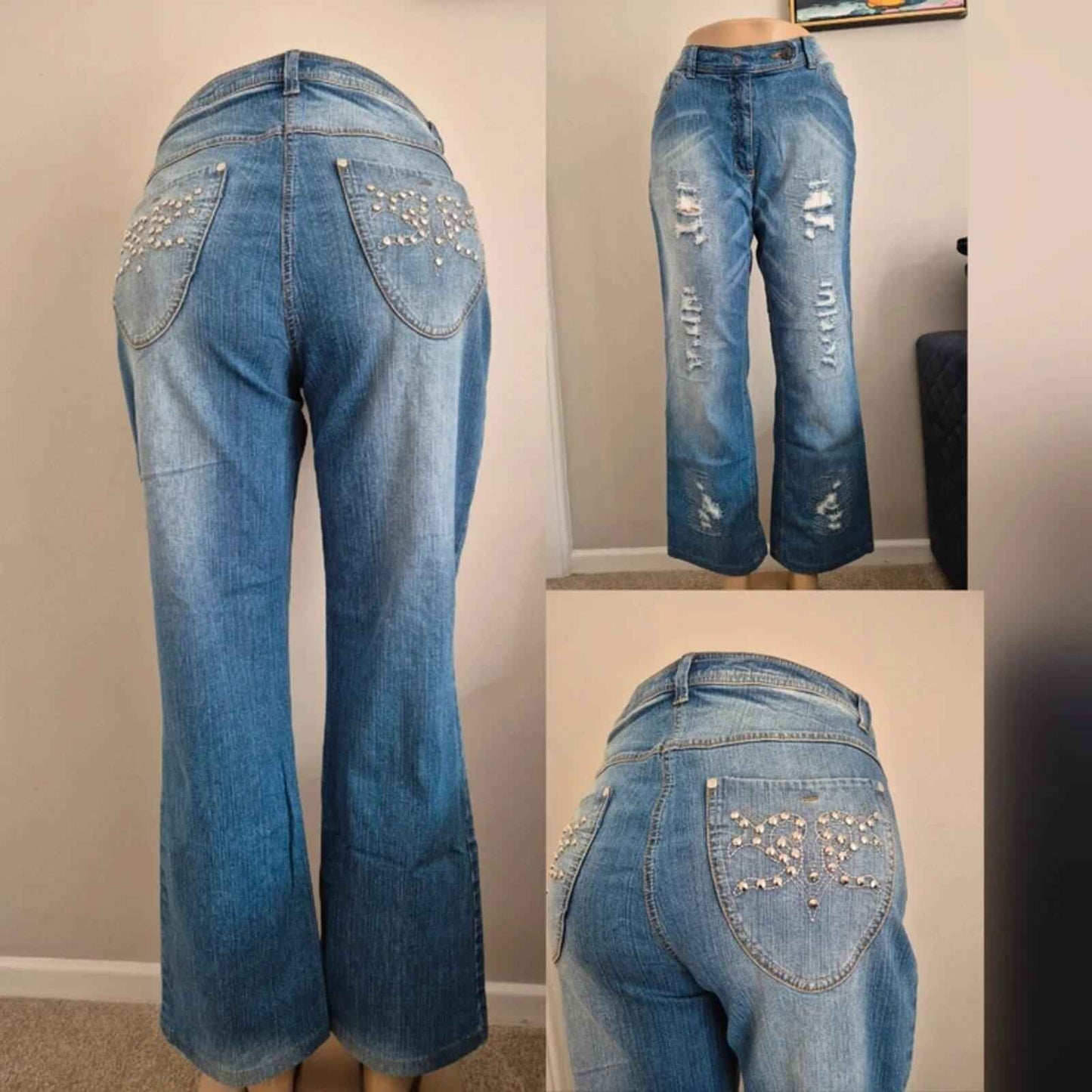 Vintage Y2K Ulla Popken Mid Rise Bling Flared Jeans UK Size 14/16 Petite