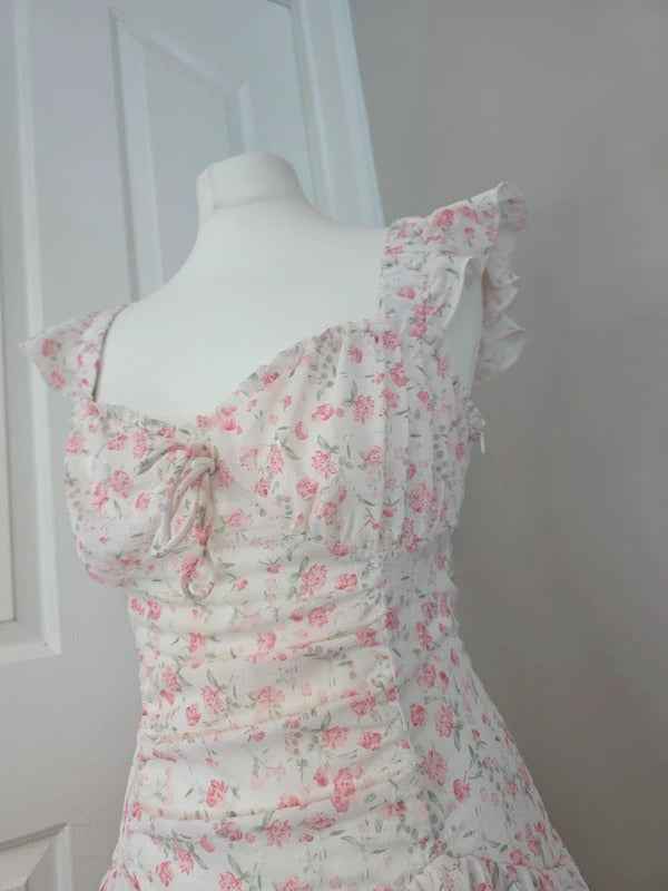 Quiz Pink Floral Ruffle Mini Dress UK Size 12-14
