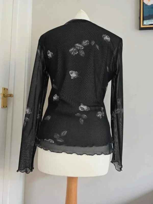 Anna Ferrari Sheer Floral Mesh Long Sleeve Top UK Size 10