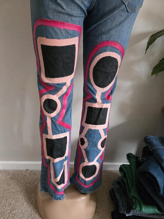 Vintage Y2K Old Navy Mid Rise Bootcut Abstract Festival Grunge Jeans UK 12