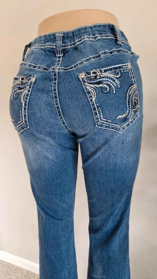 Y2K "Cg Cg" Mid Rise Bootcut Petite Festival Grunge Embroidered Denim Jeans UK 10