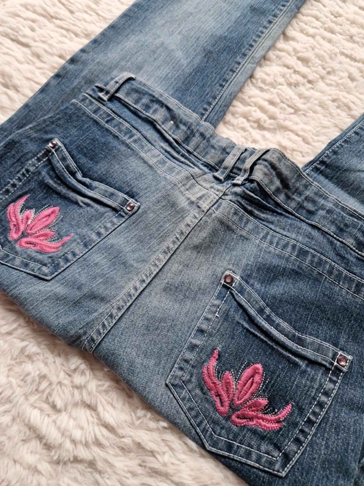 Y2K "Kikstar" Mid Rise Bootcut Petite Pink Detail Festival Grunge Denim UK 10