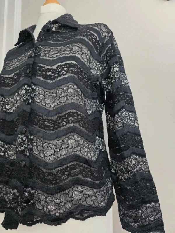 Vintage Y2K Sheer Sparkly Black Lace Blouse Les Tulipes UK Size 10/12