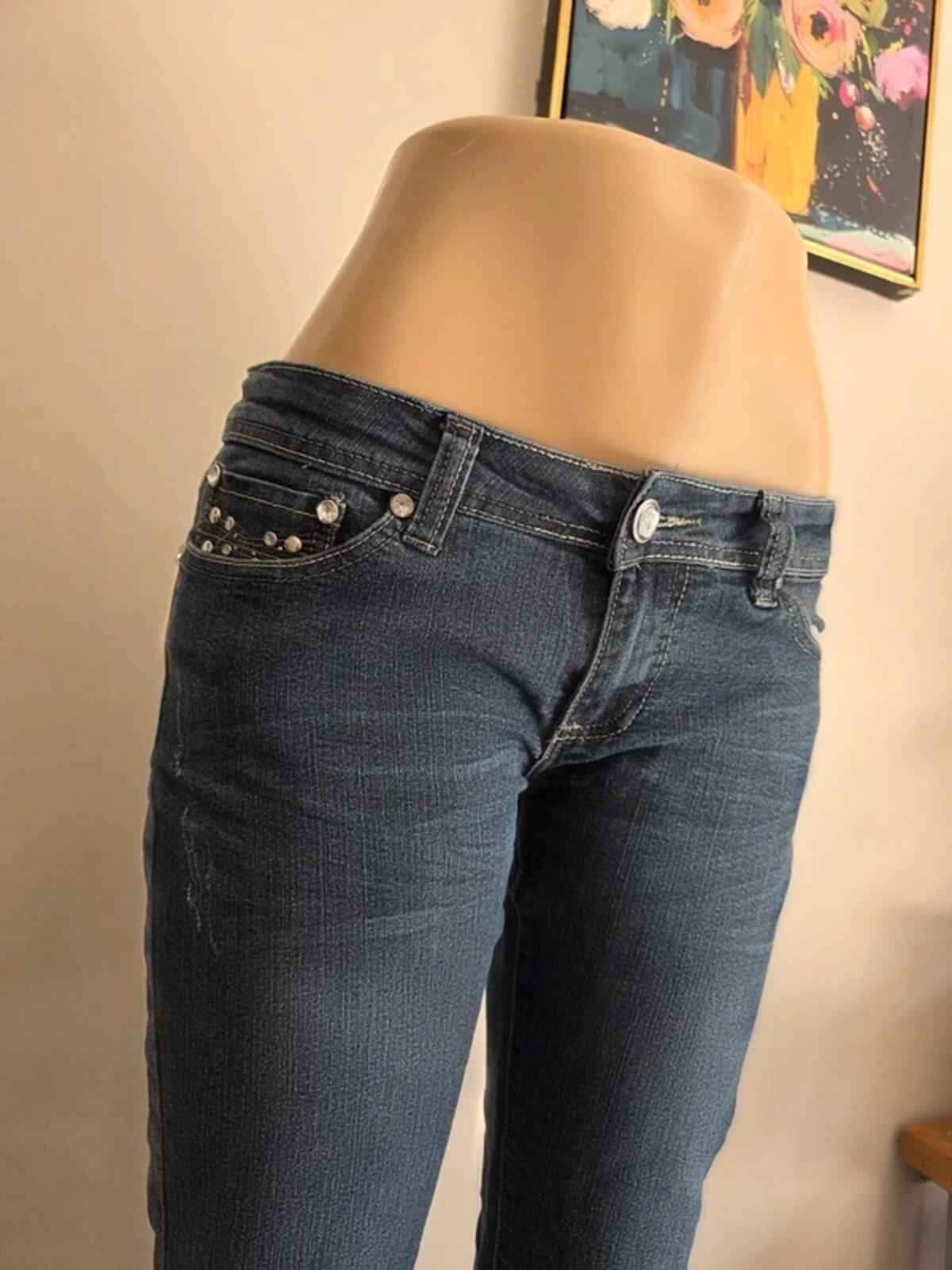 Vintage Y2K BB Couture Ultra Low Rise Skinny Bling Jeans UK Size 12