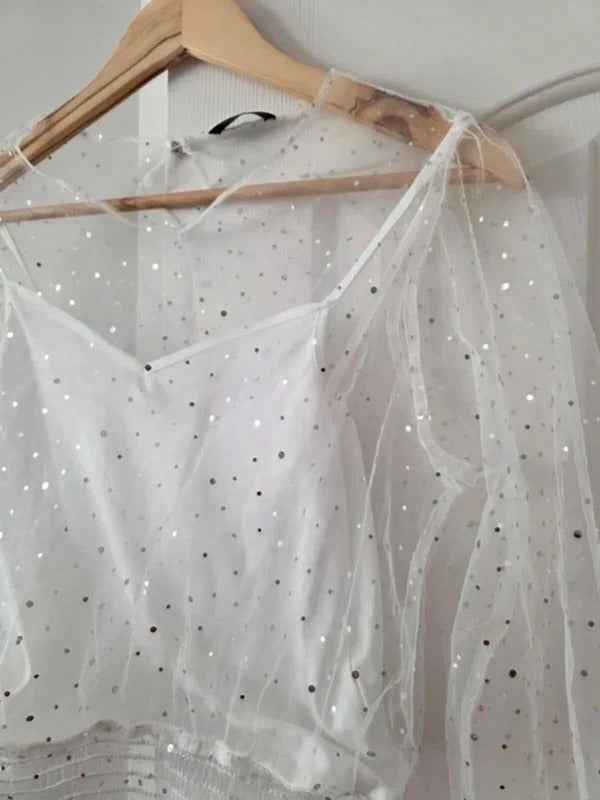 Vintage Y2K Tally Weijl Sheer Sequin Mesh Crop Top UK Size M