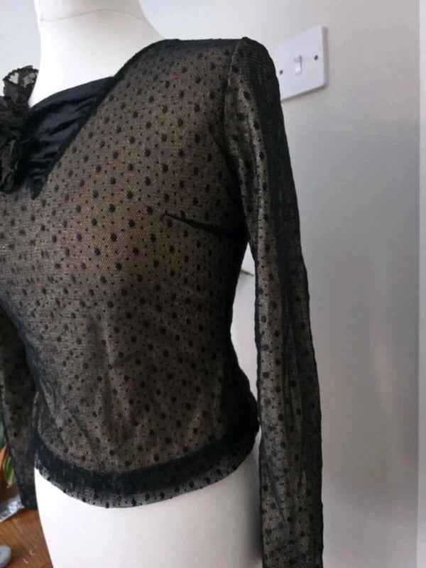 Vintage Y2K Collection Black Sheer Polka Dot Mesh Top UK Size 8