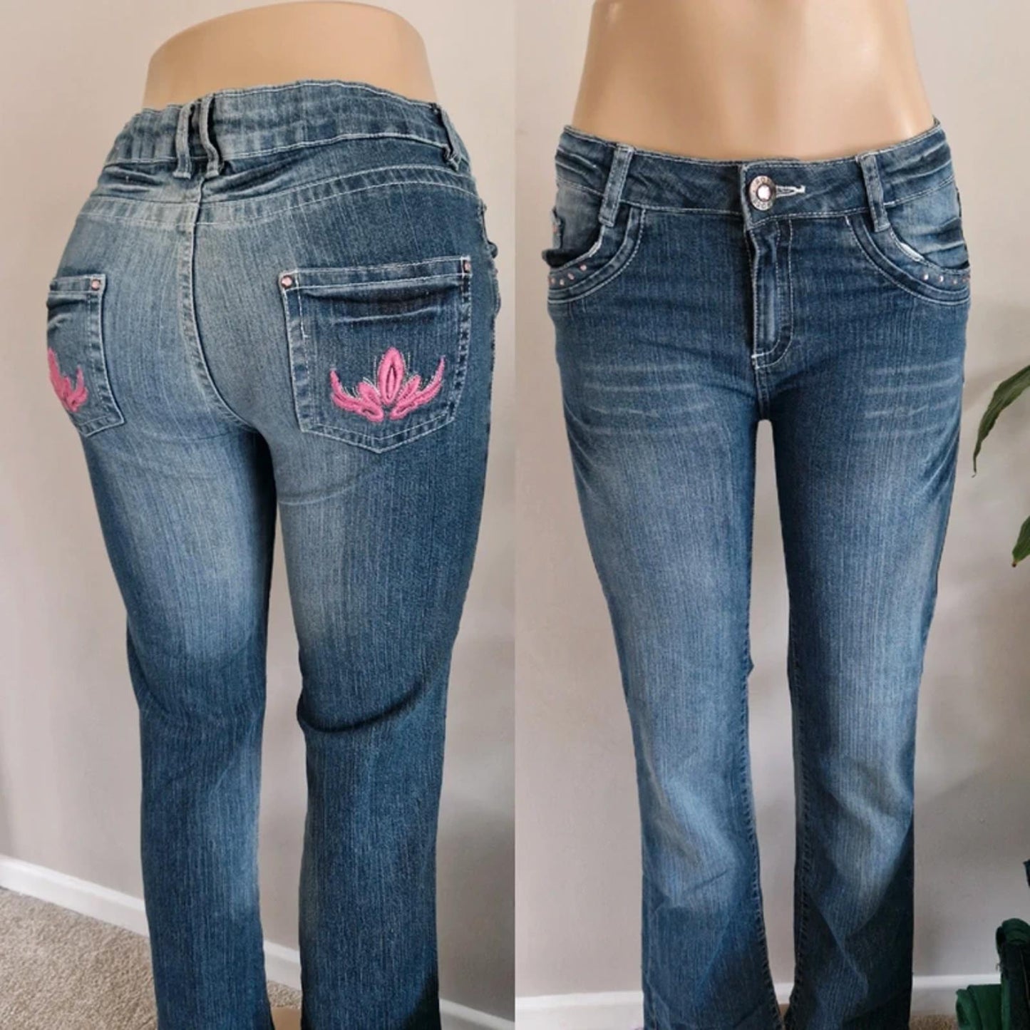 Y2K "Kikstar" Mid Rise Bootcut Petite Pink Detail Festival Grunge Denim UK 10