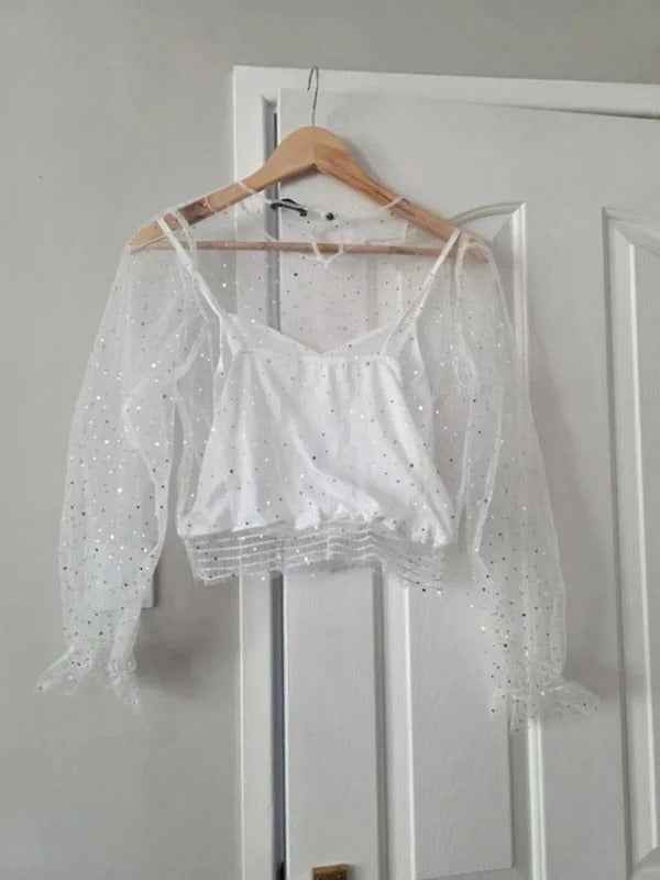 Vintage Y2K Tally Weijl Sheer Sequin Mesh Crop Top UK Size M