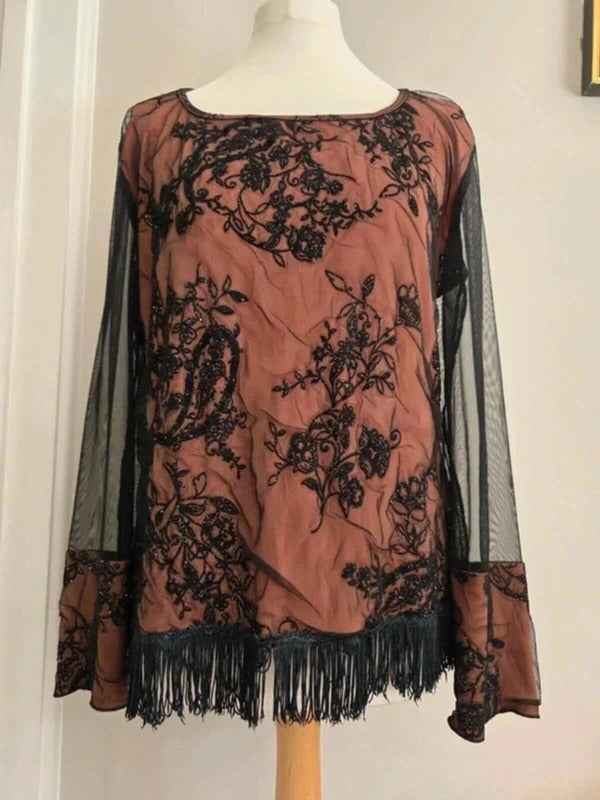 Vintage Y2K Sheer Mesh Embellished Fringe Top UK Size 14/16
