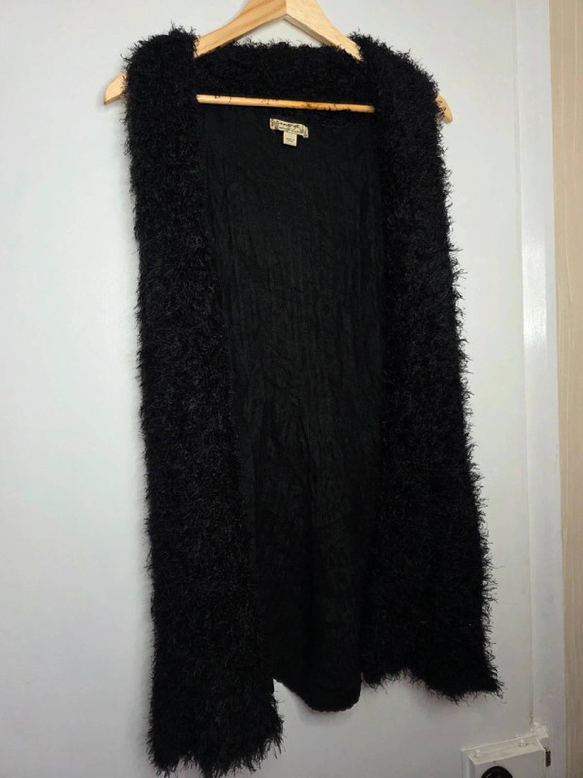 Vintage Y2K Energe Black Fuzzy Open Front Longline Cardigan UK size 12/14