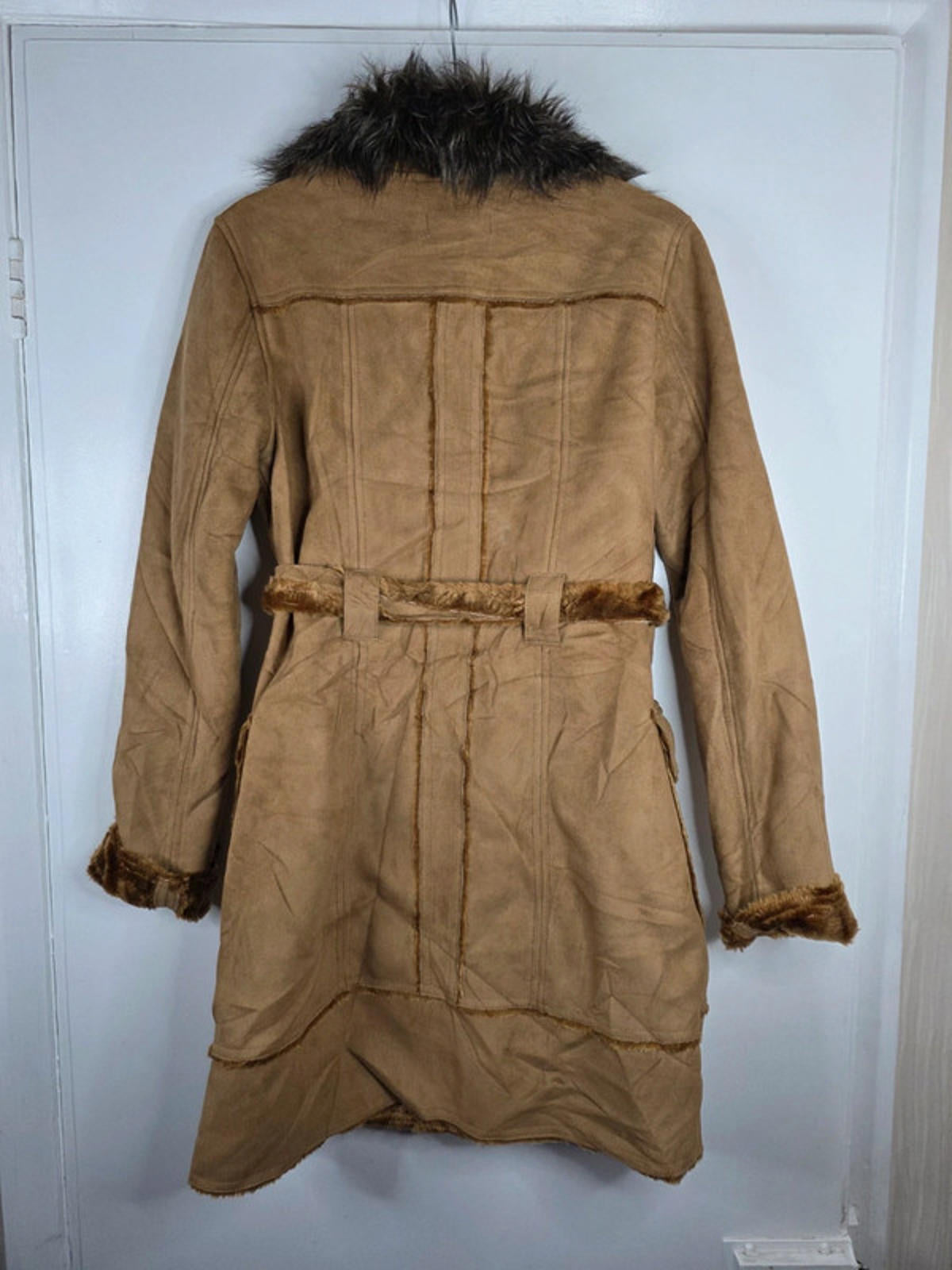 Vintage Y2K Seduction Faux Suede Belted Coat with Faux Fur Collar UK size 8