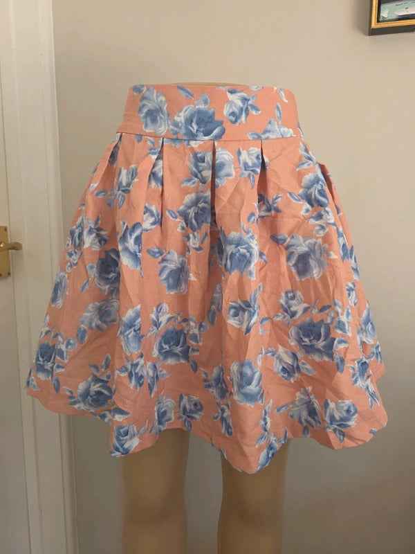Japanese Floral Pleated Mini Skirt Pink Blue Roses UK Size 4/6