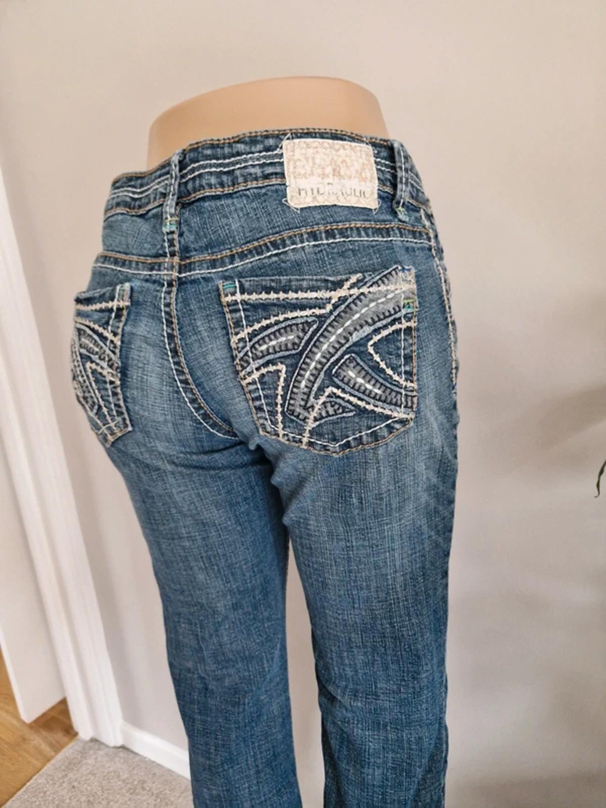 Y2K "Hydraulic" Low Rise Cropped Straight Cute Pocket Detail Indie Grunge Denim UK 12