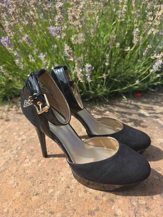 Vintage Y2K Guess Black Ankle Strap Platform Heels 4,5" UK Size 8