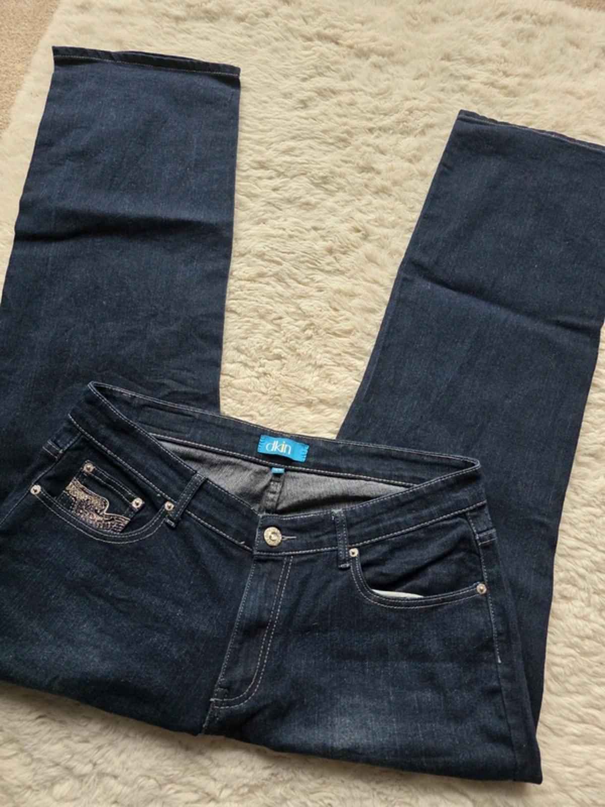 Vintage Y2K DKIN Mid Rise Wide Leg Dark Wash Embellished Pocket Jeans UK 16