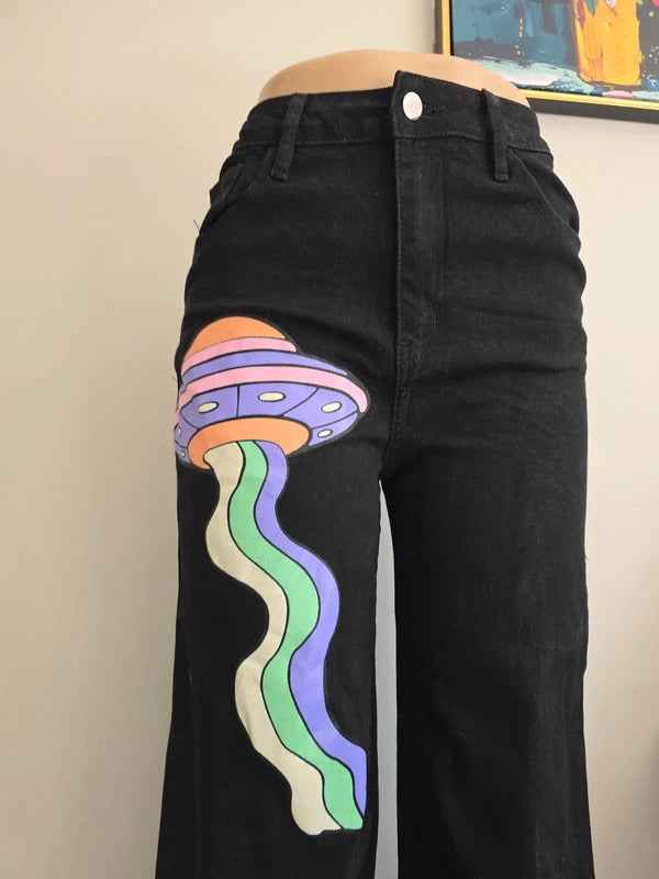 Machine Wide Leg Black Printed Jeans UK Size 8 Tall