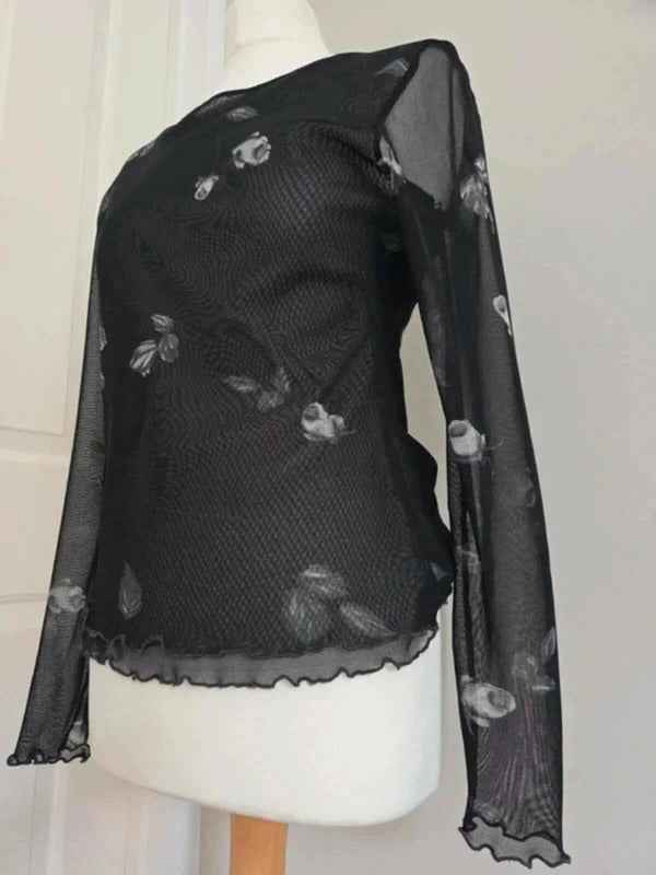 Anna Ferrari Sheer Floral Mesh Long Sleeve Top UK Size 10
