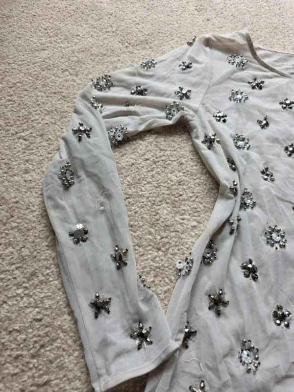 Vintage Y2K Sheer Embellished Mesh Top Long Sleeve UK Size 10