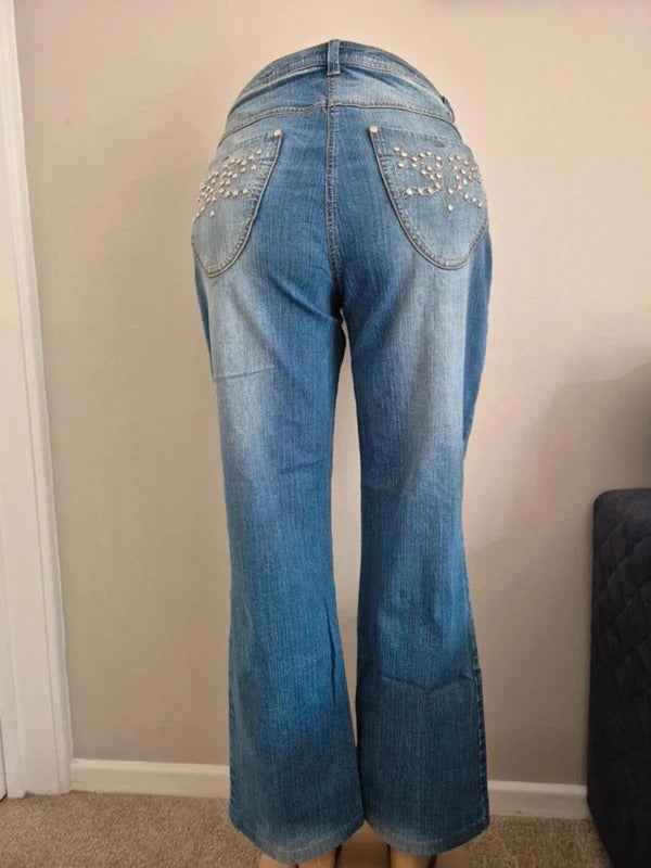 Vintage Y2K Ulla Popken Mid Rise Bling Flared Jeans UK Size 14/16 Petite