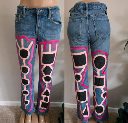 Vintage Y2K Old Navy Mid Rise Bootcut Abstract Festival Grunge Jeans UK 12