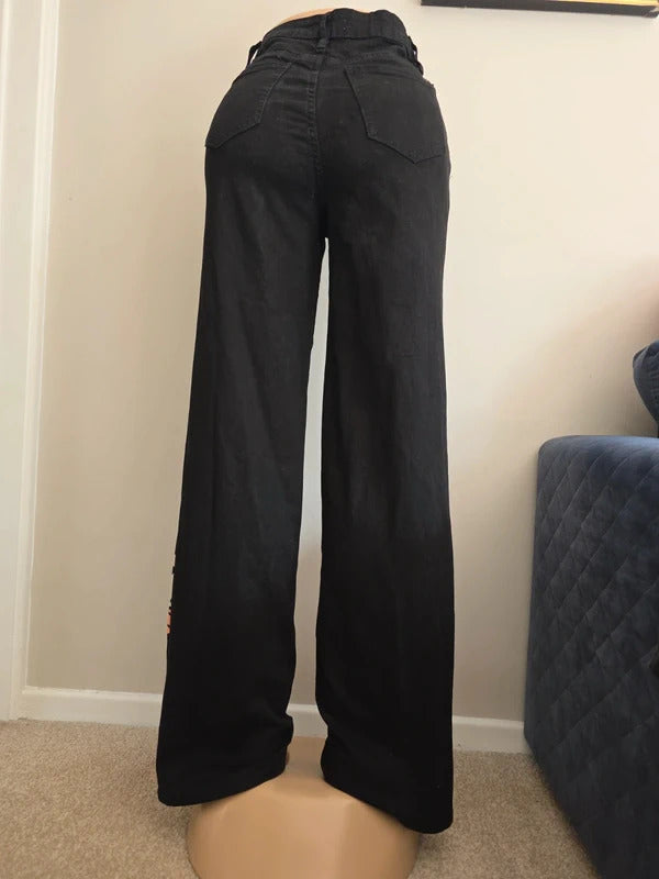 Machine Wide Leg Black Printed Jeans UK Size 8 Tall