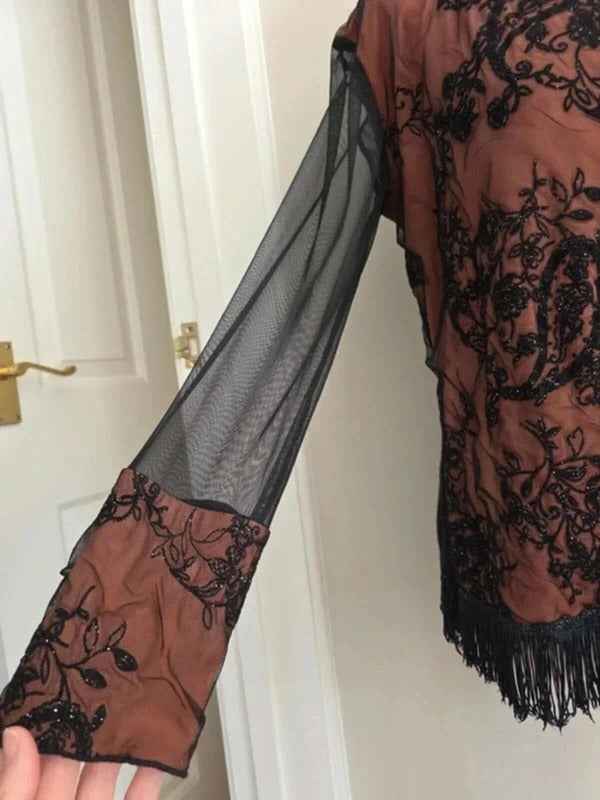 Vintage Y2K Sheer Mesh Embellished Fringe Top UK Size 14/16