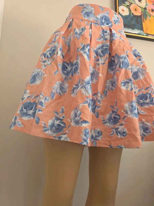 Japanese Floral Pleated Mini Skirt Pink Blue Roses UK Size 4/6