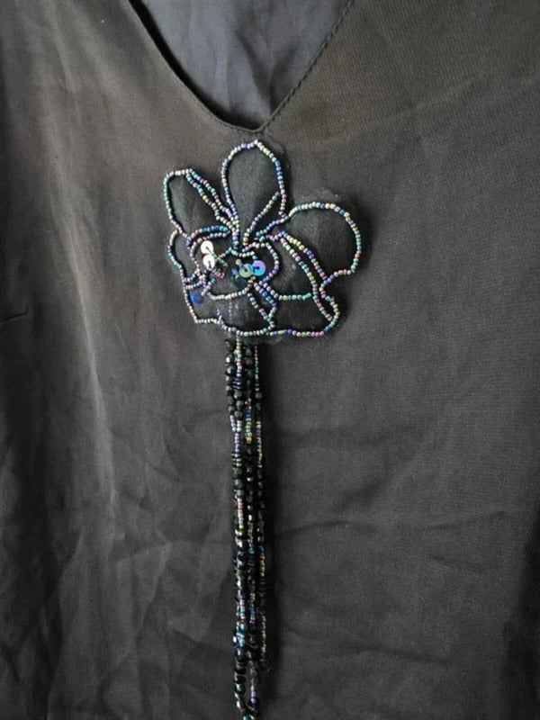Vintage Y2K GVB Black Beaded Flower Vest Top UK Size 14