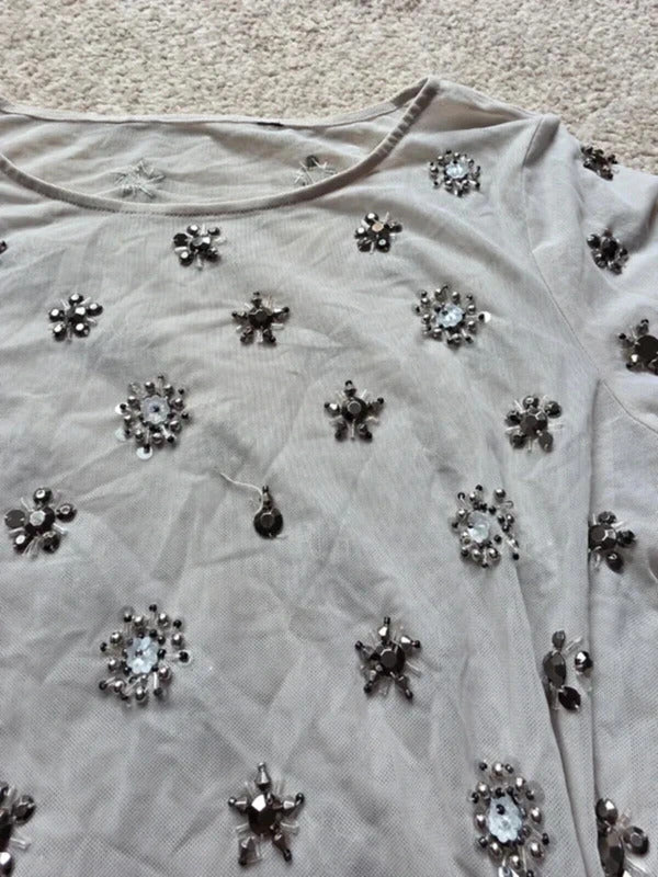 Vintage Y2K Sheer Embellished Mesh Top Long Sleeve UK Size 10