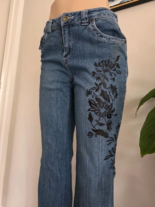 Vintage Y2K A.N.A Mid Rise Bootcut Jeans Black Floral Embroidered Gem Detail UK 10